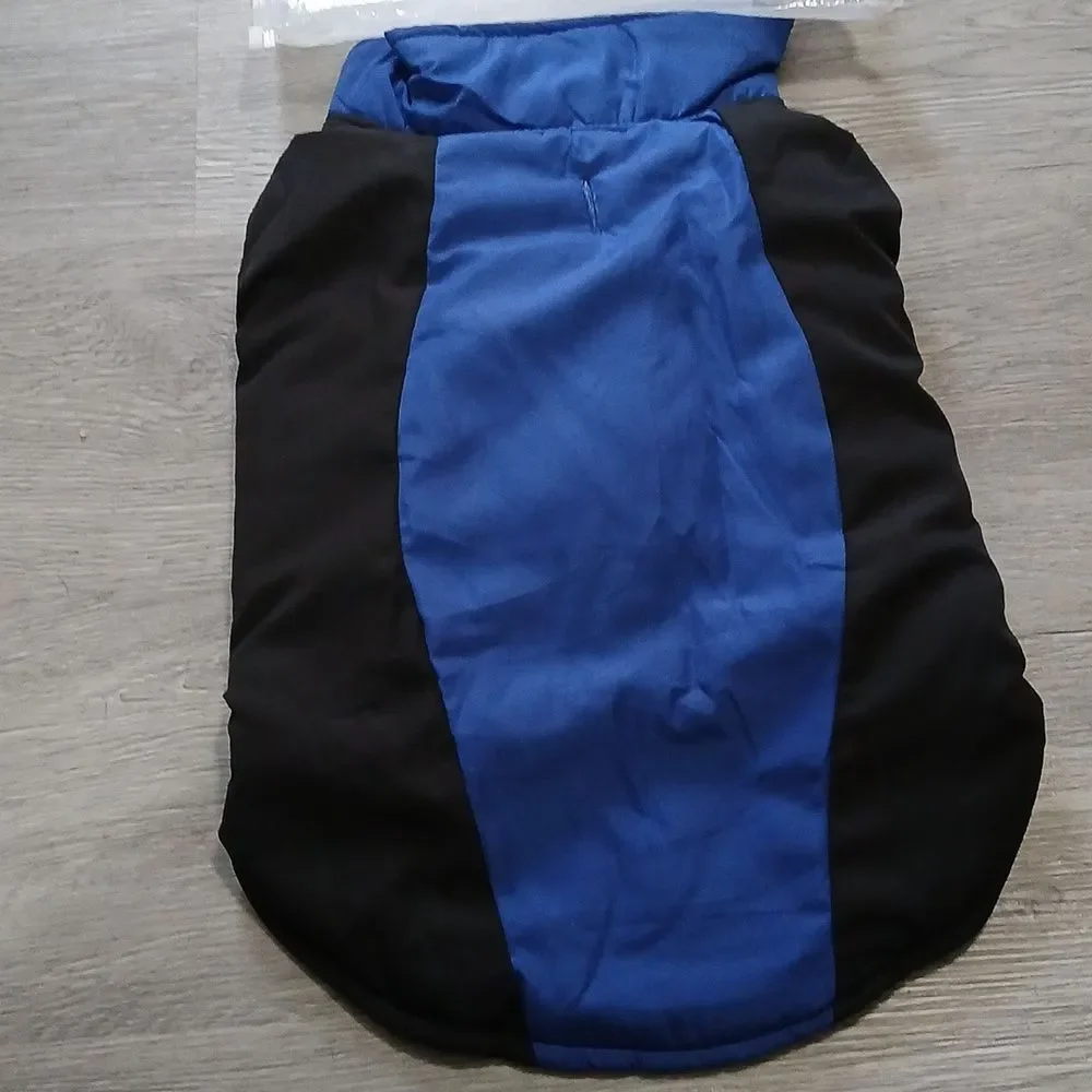 Blue and Black Dog Jacket faux fur trim soft warm inside Sz L NIP